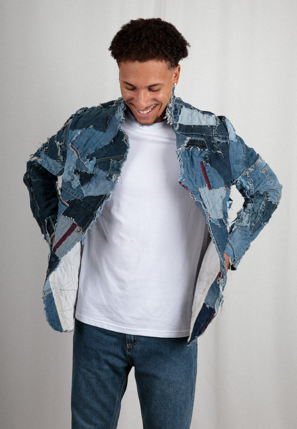 Handmade upcycled designer jacket for men | Sustainable fashion statement made from old jeans 