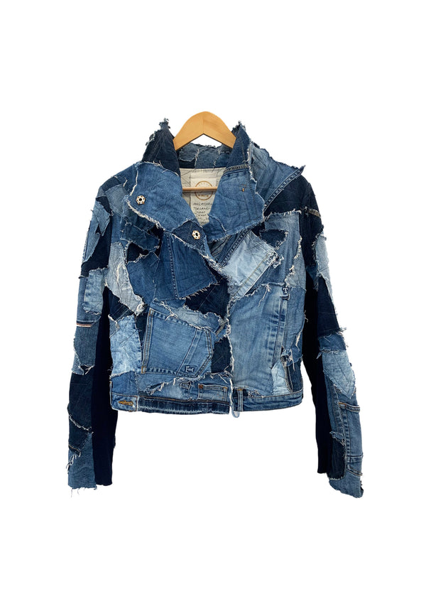 Handmade upcycled designer jacket for women | Sustainable fashion statement made from old jeans 