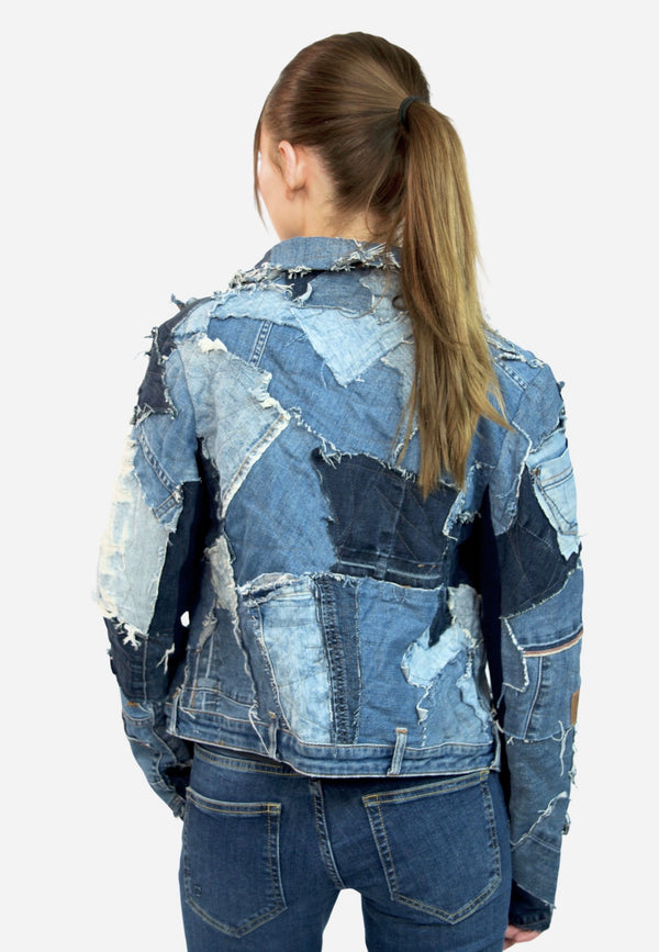 Handmade upcycled designer jacket for women | Sustainable fashion statement made from old jeans 