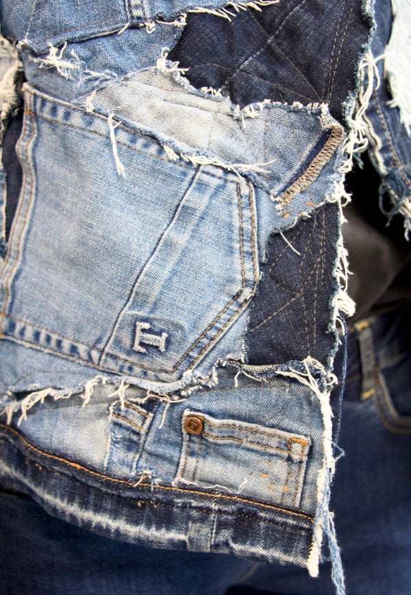 Handmade upcycled designer jacket for women | Sustainable fashion statement made from old jeans 