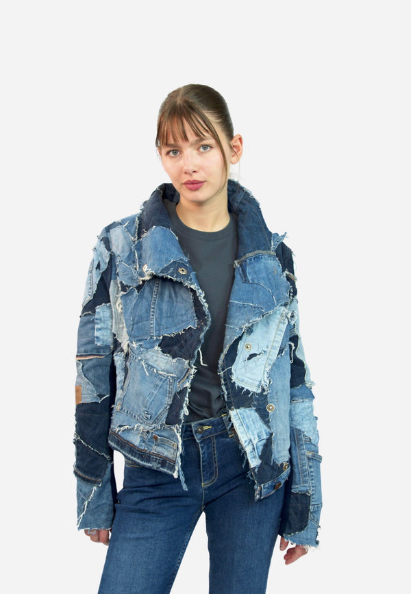 Handmade upcycled designer jacket for women | Sustainable fashion statement made from old jeans 